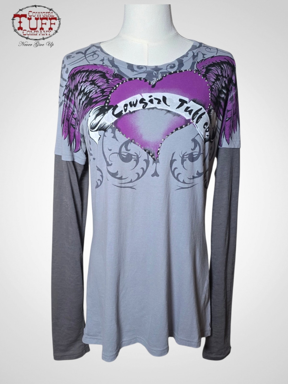 COWGIRL TUFF Gray Layered Long Sleeve Top with Purple Heart Wing - XXLarge